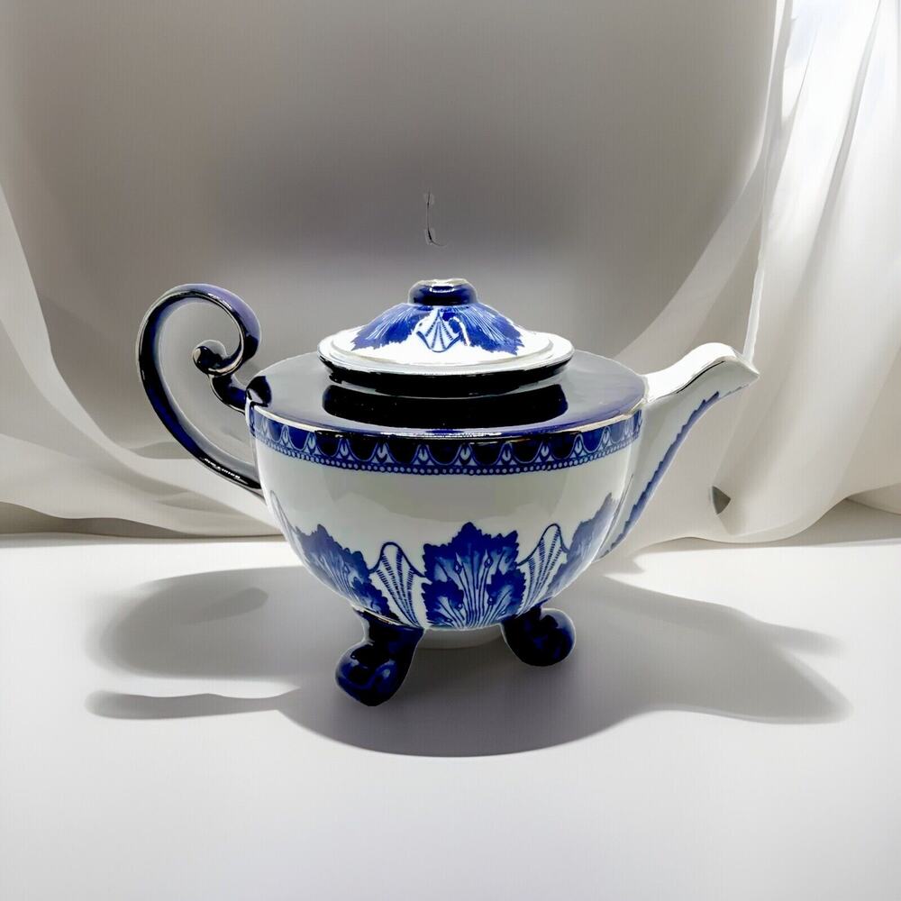 Large BOMBAY Cobalt Blue & White Footed Teapot With Silver Trim Very Nice